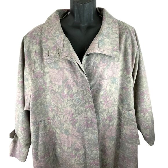 London Fog Womens Size 18W/18 1/2 Purple Floral Lined Trench Coat Duster - Picture 2 of 11